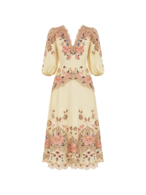 FARM Rio floral-embroidered midi linen dress