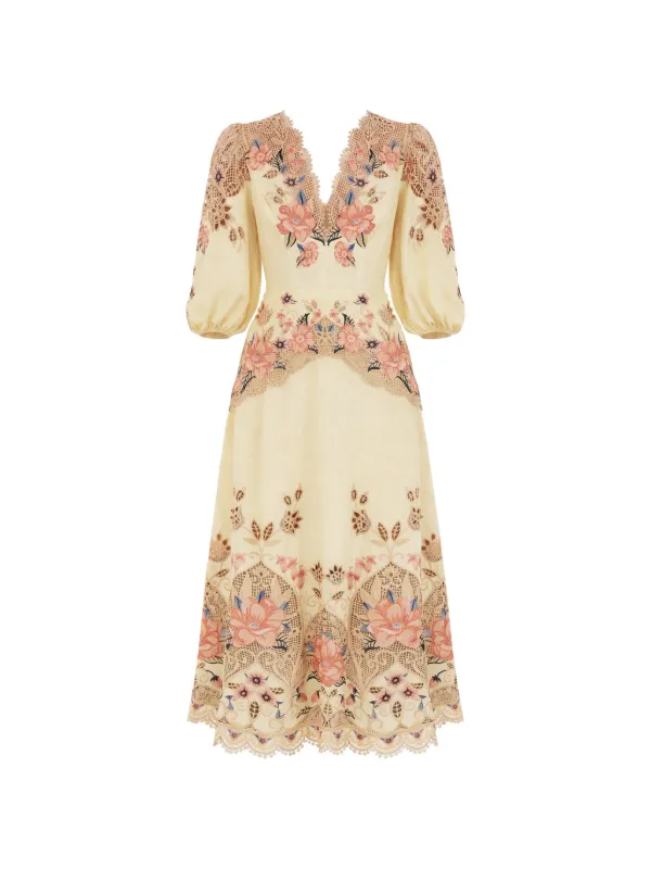 farm rio lace floral midi dress Farm Rio Long-Sleeve Floral Lace Midi Dress