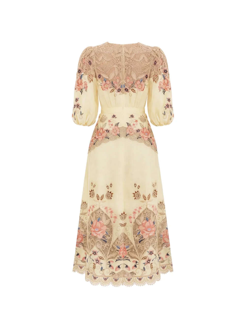 FARM Rio Linnen midi-jurk met geborduurde bloemen Beige