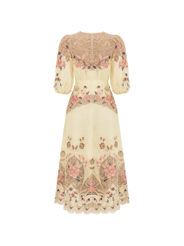 Farm Rio Floral-embroidered Midi Linen Dress - Neutrals