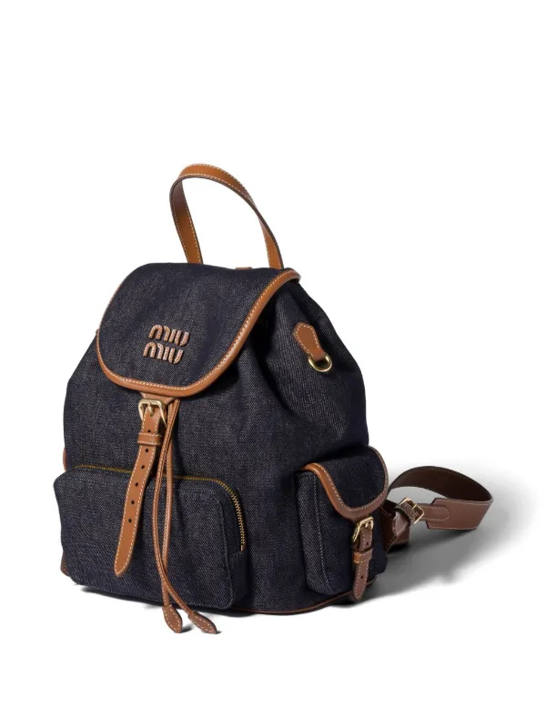 denim backpack with leather Vintage Blue Mens Backpacks Bag School Blue Denim Lapto Feltify Drawstring closure underneath the front fold Miu Miu Women's Denim Backpack