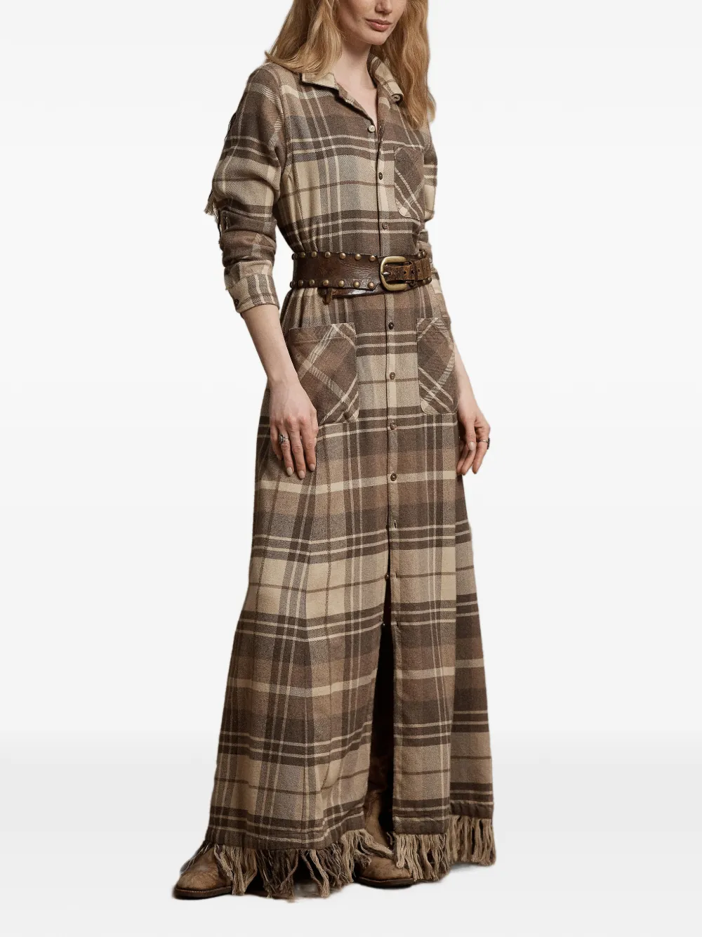 Ralph Lauren RRL maxi plaid-check fringed-trim dress Bruin