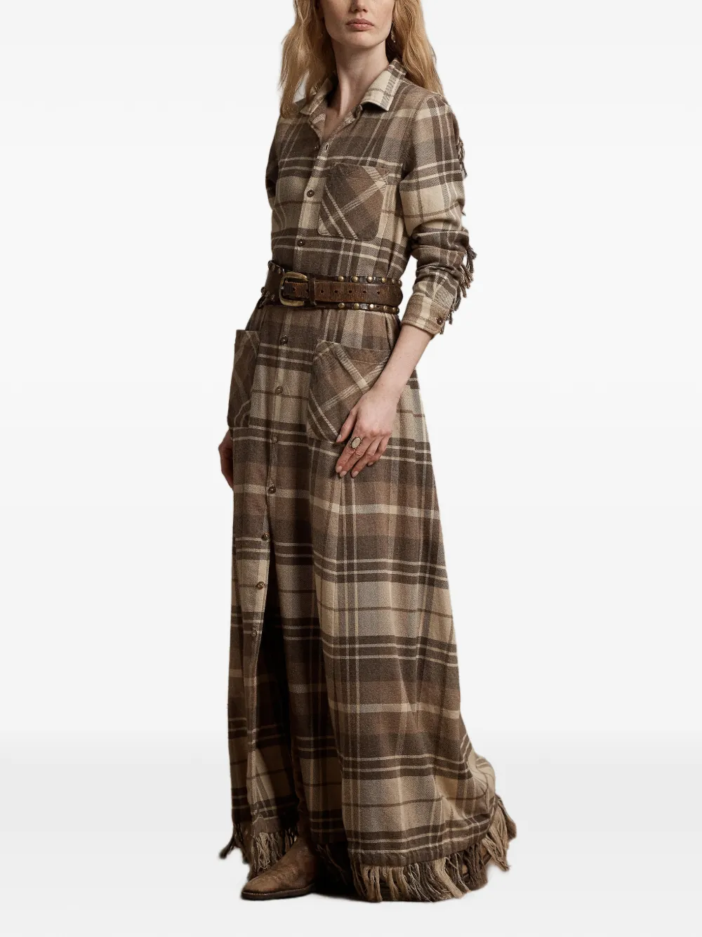 Ralph Lauren RRL maxi plaid-check fringed-trim dress Bruin