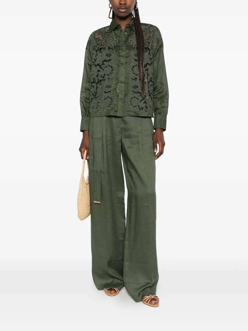  Max Mara Pantalon Ample Cali à Taille Ceinturée - Vert 