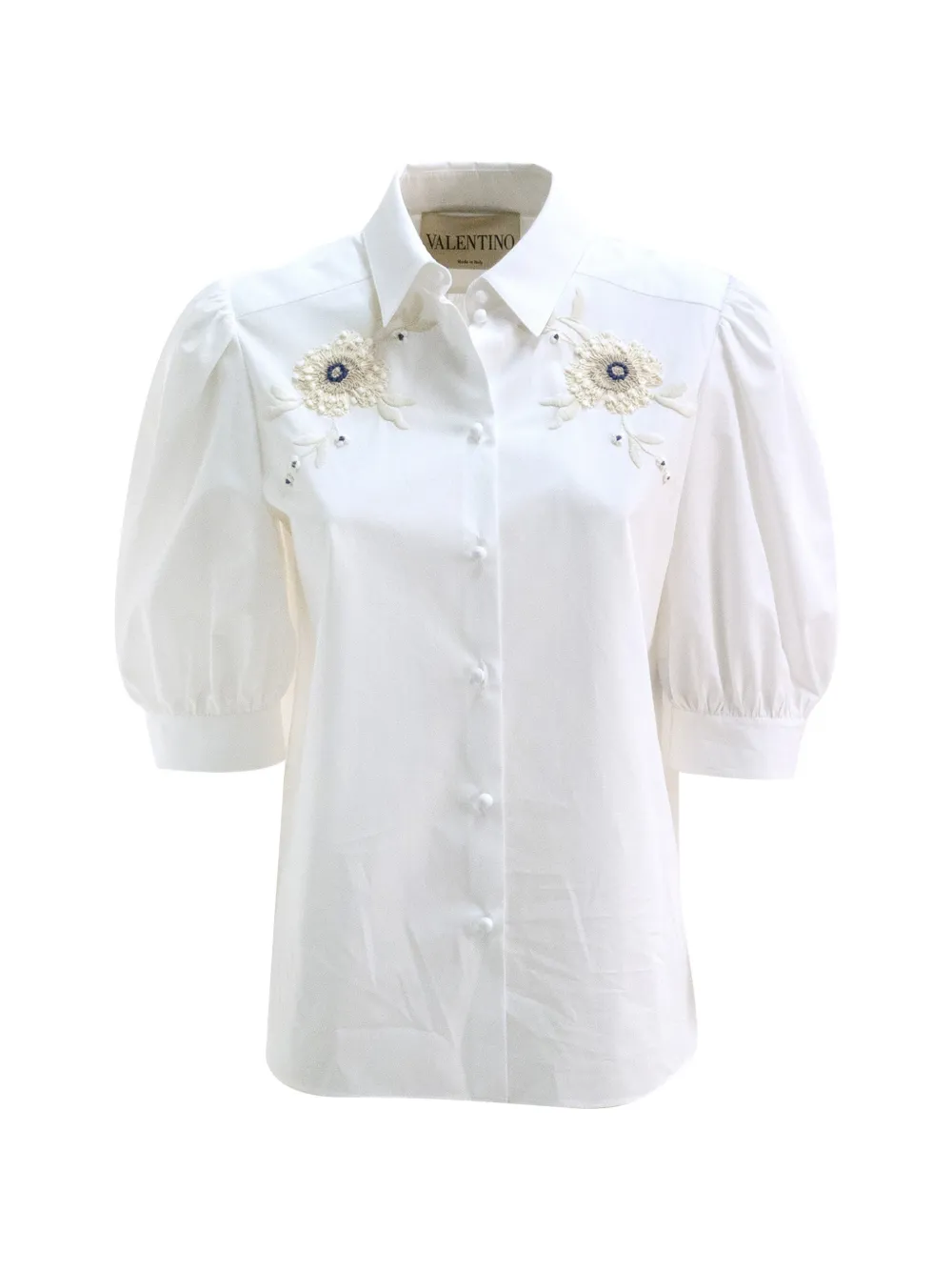 Valentino Garavani floral-appliqué puffed-sleeve shirt - Bianco