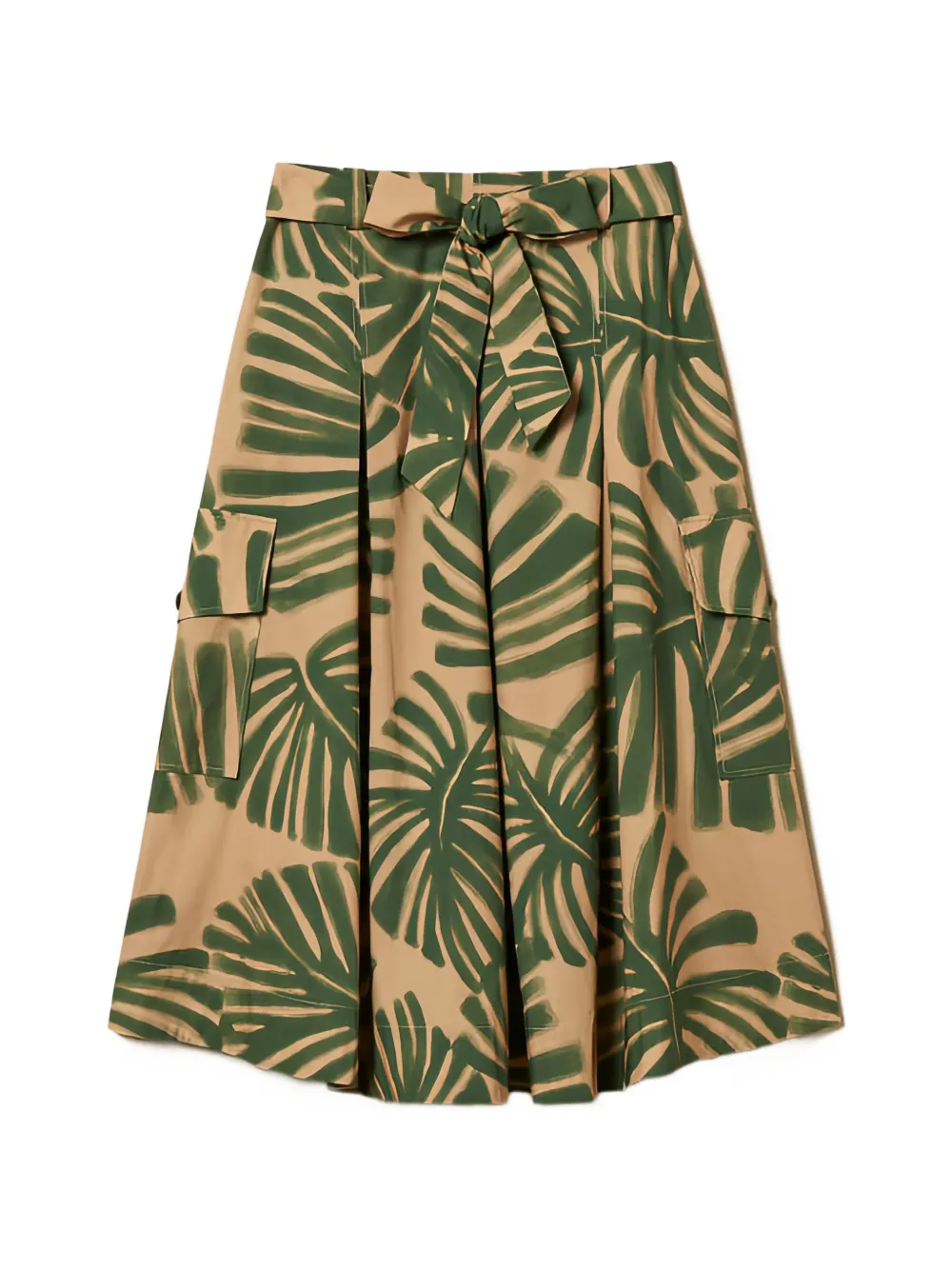 Twinset Leaf-print Belted Midi Skirt In Green