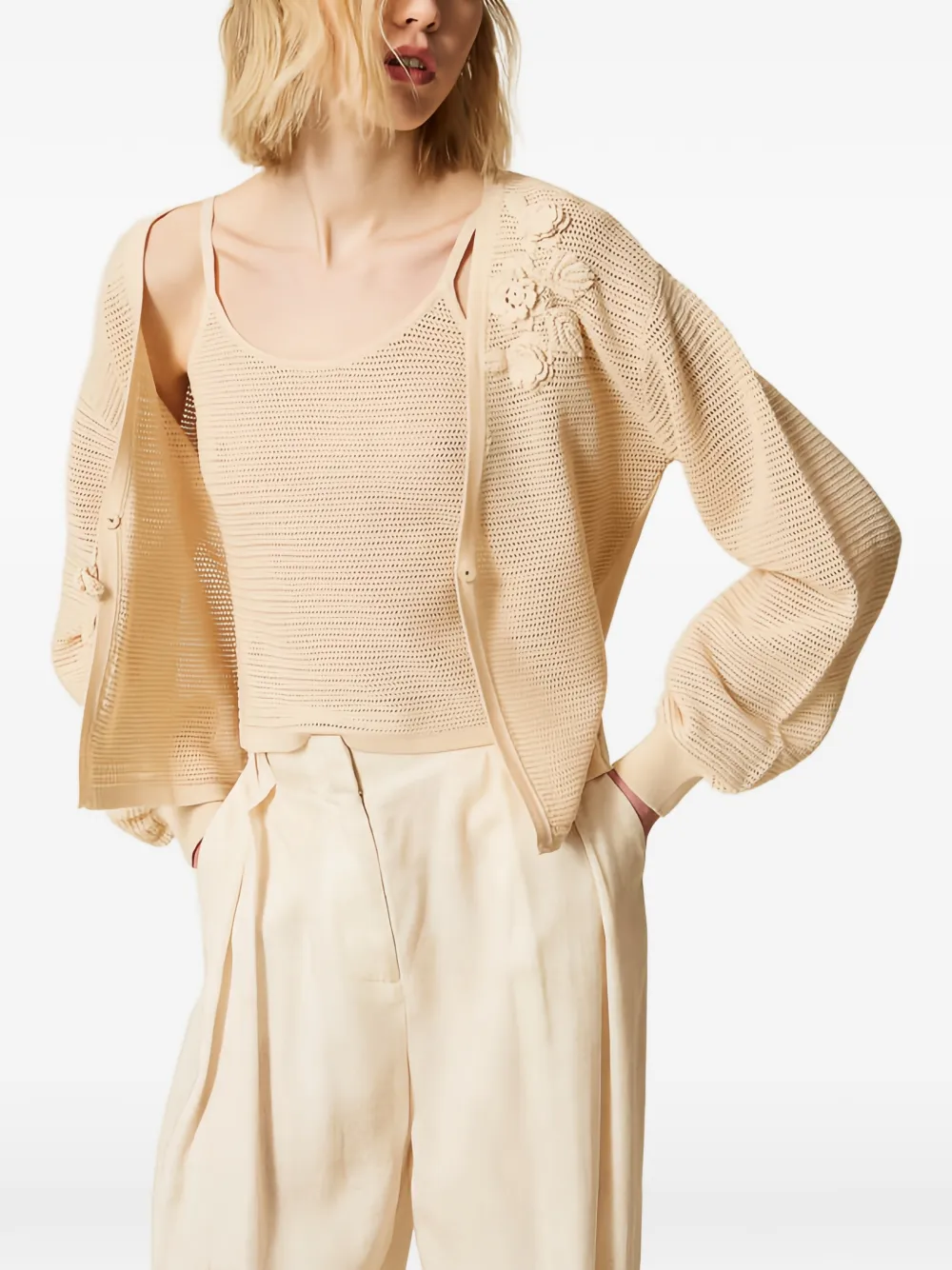 TWINSET mesh stitch cardigan and top - Nude