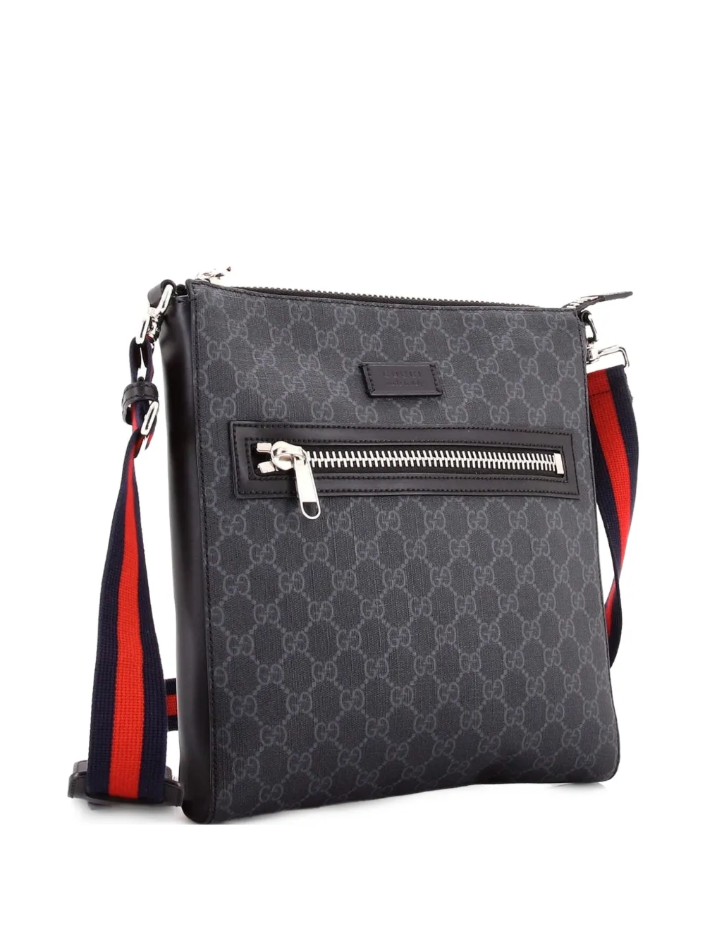  Gucci Pre-owned Web Strap Front Zip Messenger Bag Gg Coated Canvas Medium Crossbody Bag - Black 