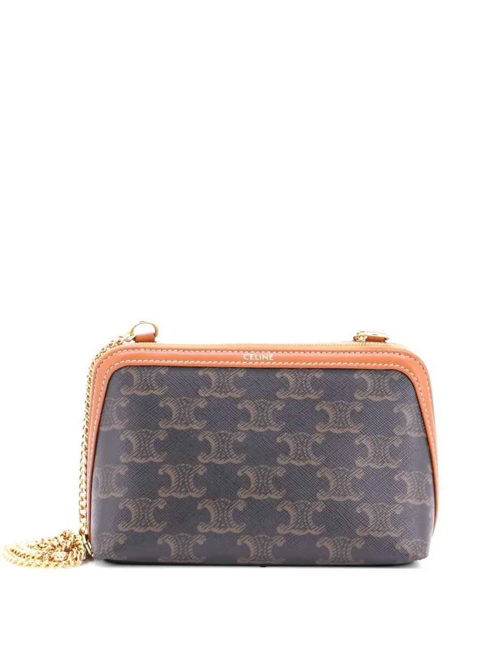 Pre-owned Celine Zip Around Chain Clutch Triomphe Coated Canvas Crossbody Bag In Brown