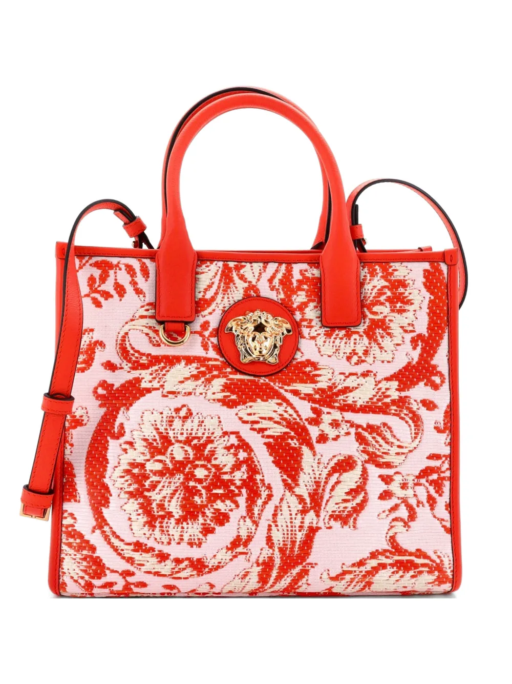 Pre-owned Versace La Medusa Embroidered Raffia With Leather Small Tote Bag In Orange