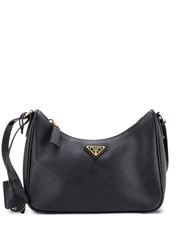 Prada Pre-owned Adjustable Handle Zip Saffiano Leather Mini Hobo Bag in Black
