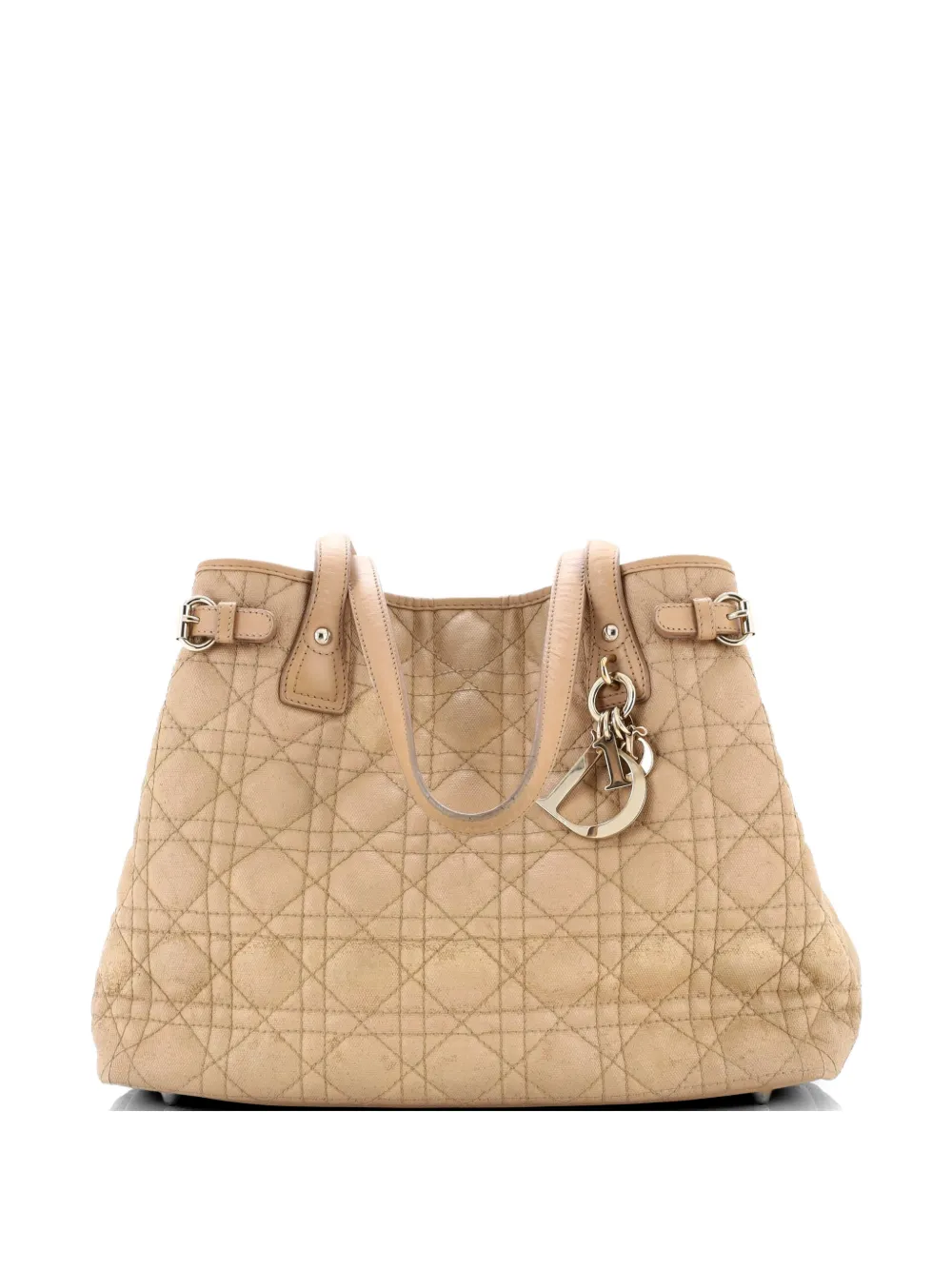 Pre-owned Dior Panarea Cannage Quilt Canvas Medium Tote Bag In Neutral