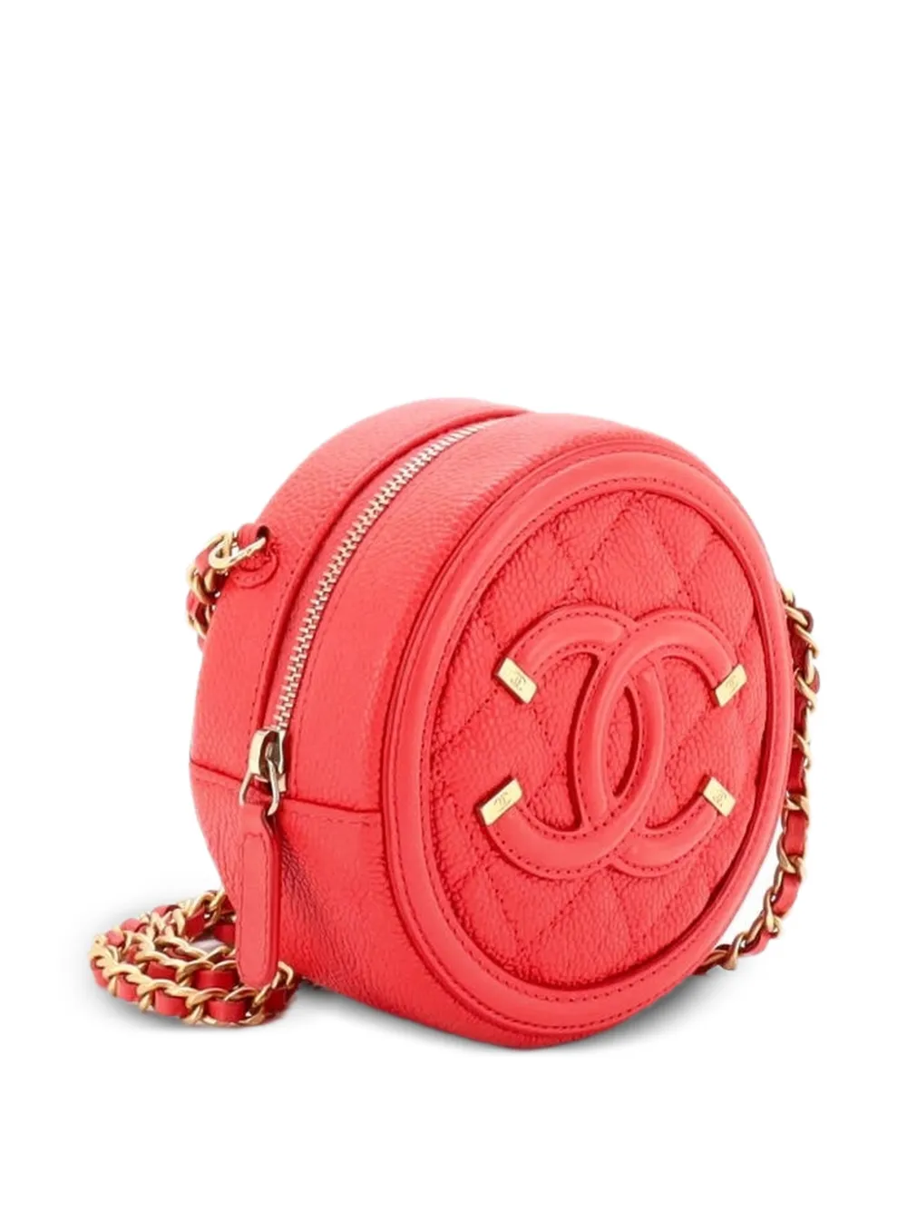  Chanel Pre-owned Filigree Round Clutch With Chain Quilted Caviar Mini Crossbody Bag - Red 