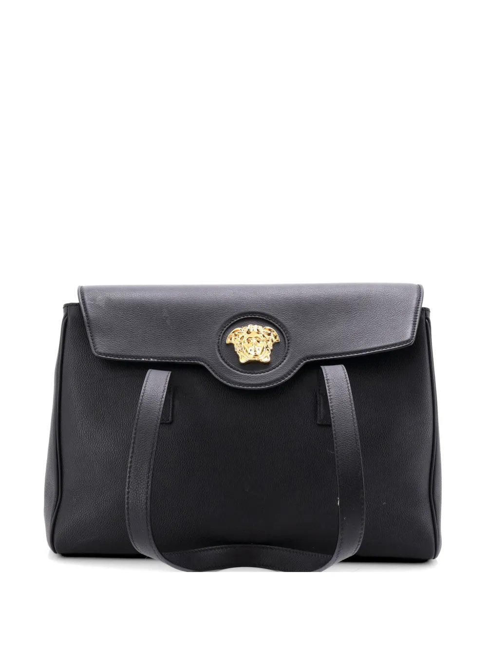 Pre-owned Versace La Medusa Flap Leather Medium Tote Bag In Black