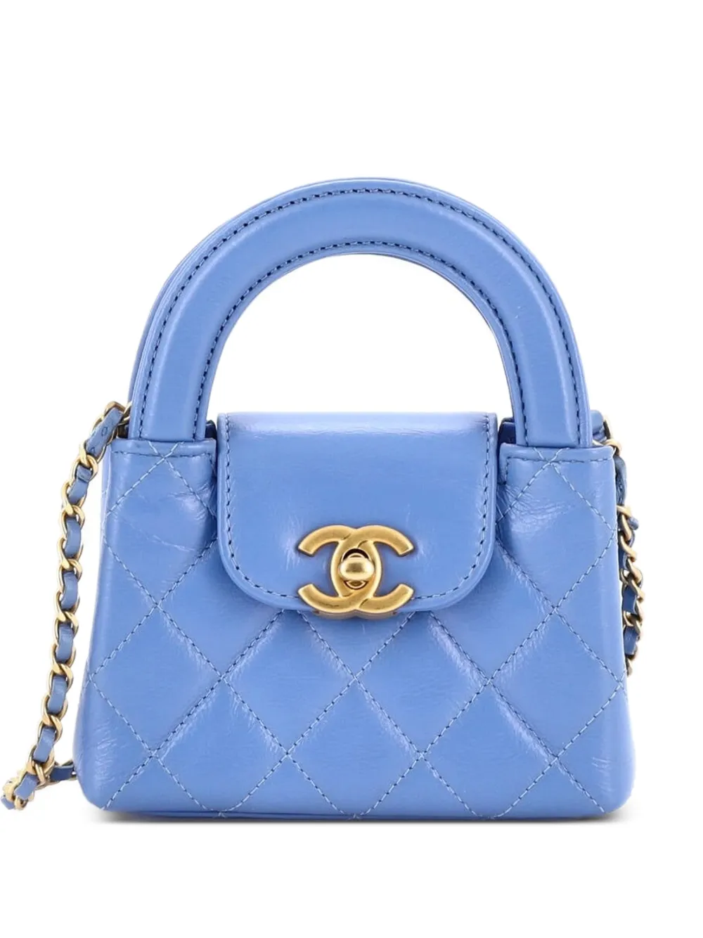 CHANEL Pre-Owned Kelly Top Handle Shopping Bag Quilted Shiny Aged Calfskin Nano crossbody bag - Blu