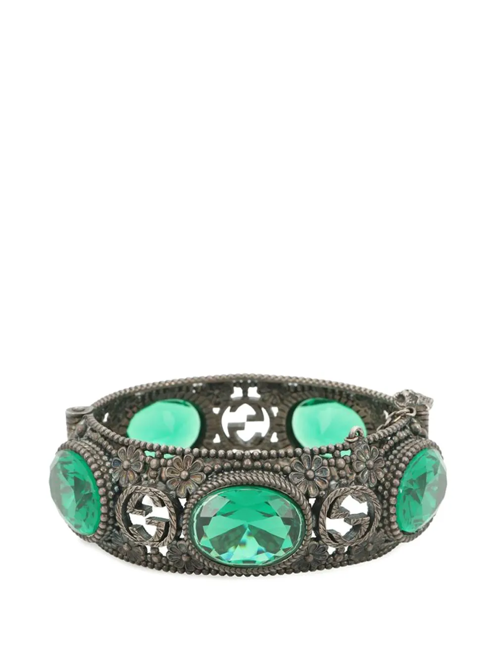  Gucci Pre-owned 2000-2015 Sterling Silver And Stone Interlocking G Flower Hinged Bangle Bracelet - Green 