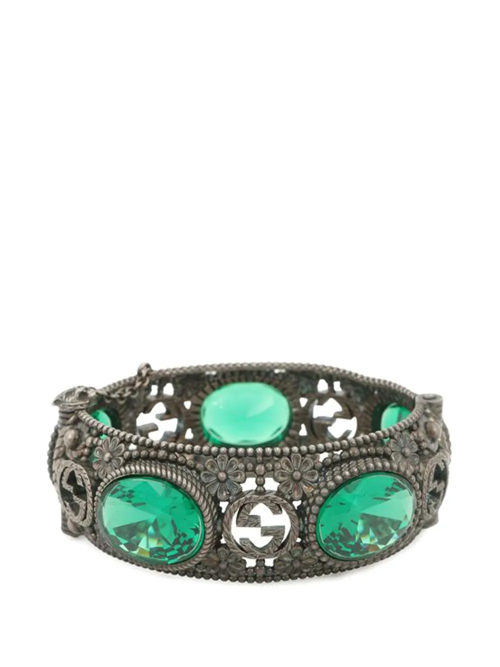 Gucci Pre-Owned 2000-2015 Sterling Silver and Stone Interlocking G Flower Hinged Bangle bracelet - Verde