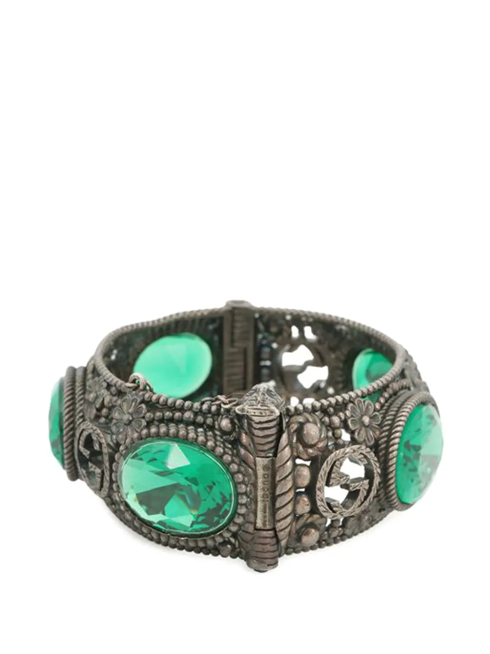  Gucci Pre-owned 2000-2015 Sterling Silver And Stone Interlocking G Flower Hinged Bangle Bracelet - Green 