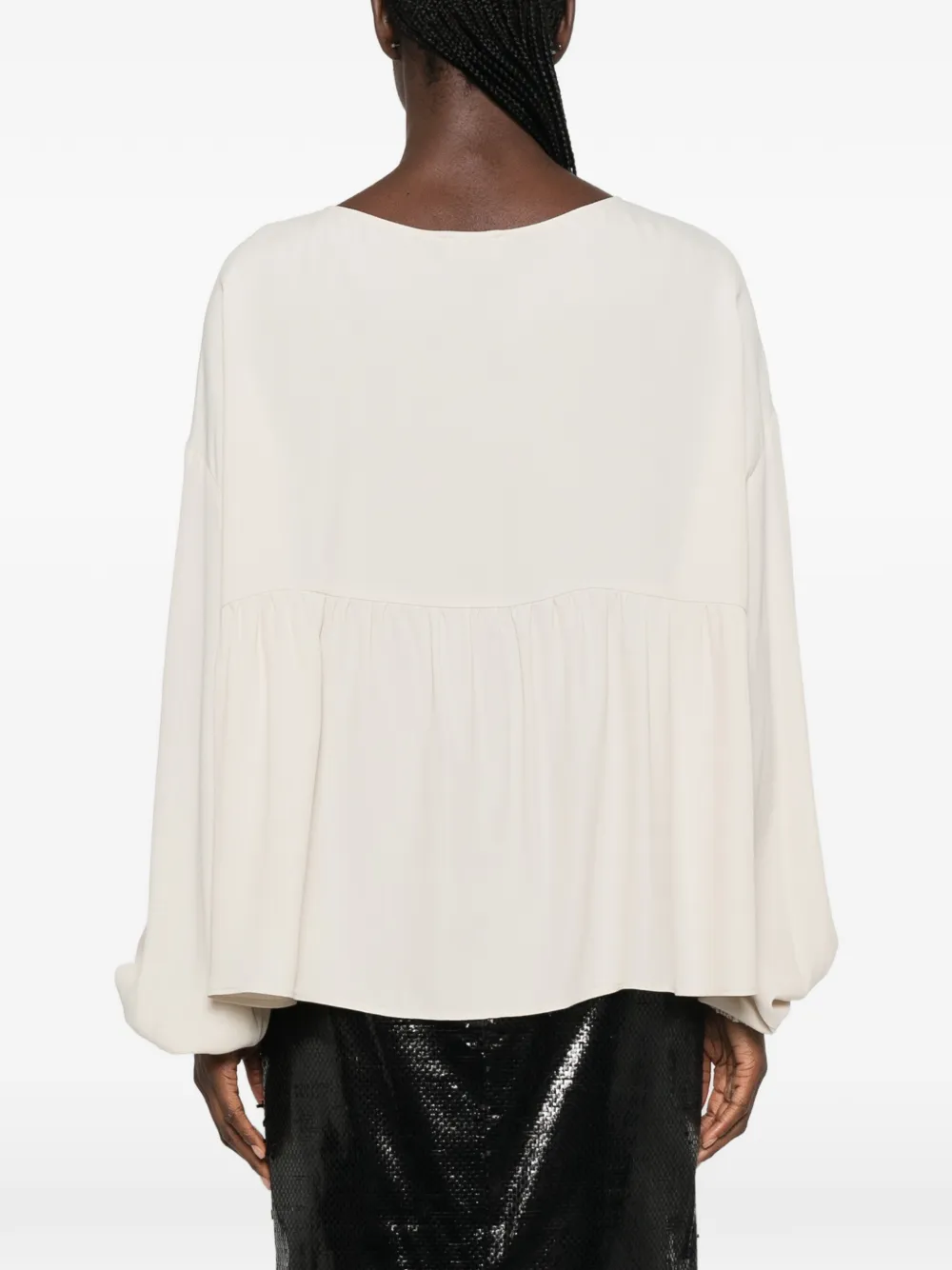 Drykorn Blouse met boothals en gesmockte manchetten Beige