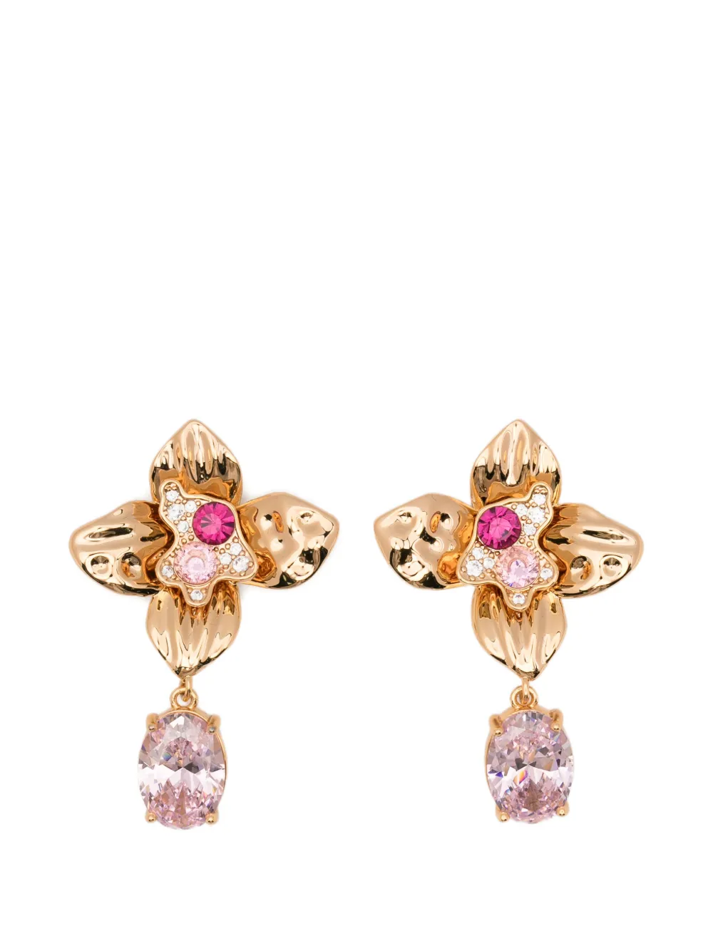 Self-Portrait crystal-embellished floral drop earrings - Oro