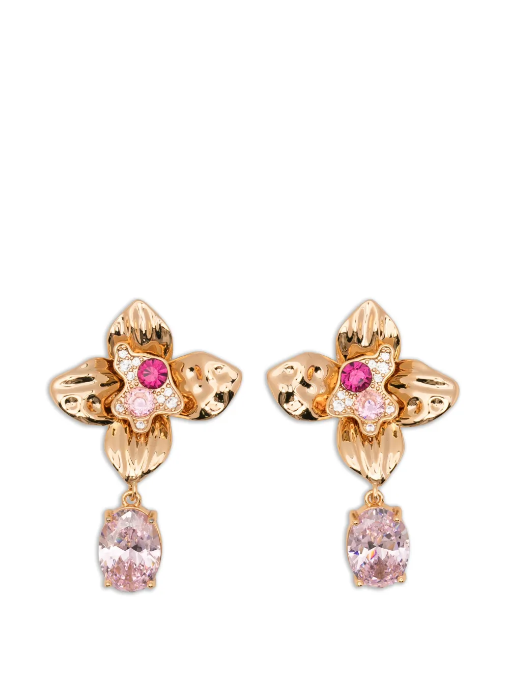Self-Portrait crystal-embellished floral drop earrings - Oro