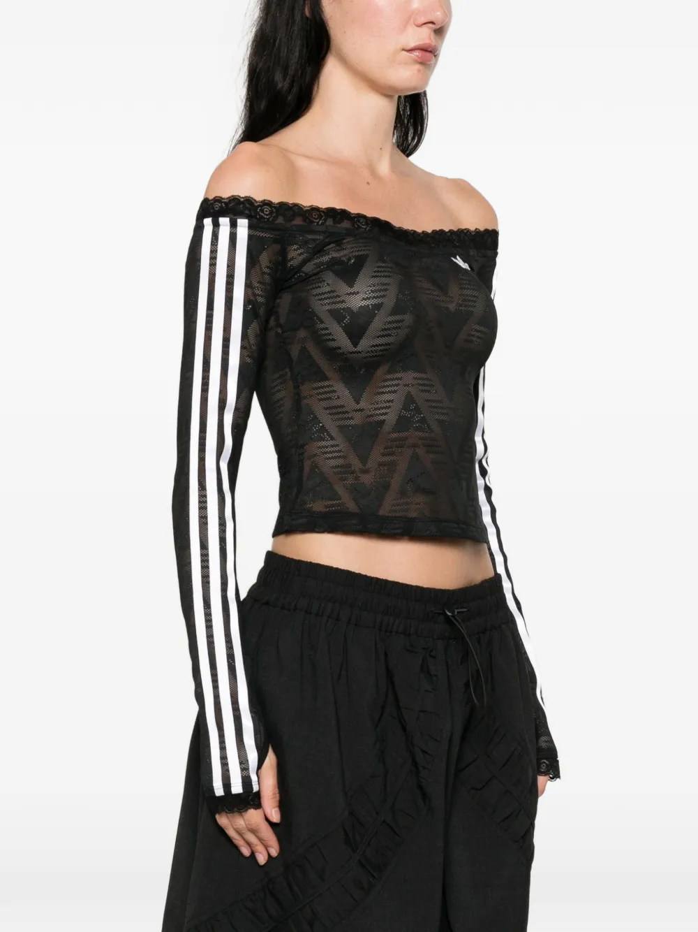  Adidas Lace-trim Striped Top - Black 
