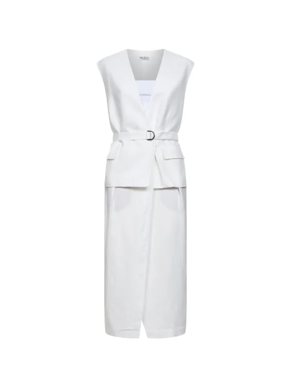 Brunello Cucinelli V-neck Belted Midi Dress in White