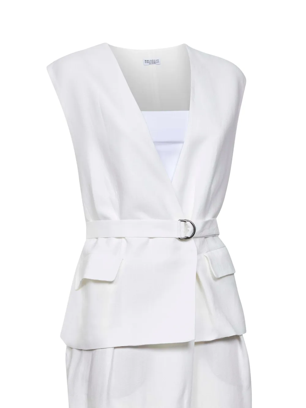 Brunello Cucinelli Midi-jurk met ceintuur en V-hals Wit
