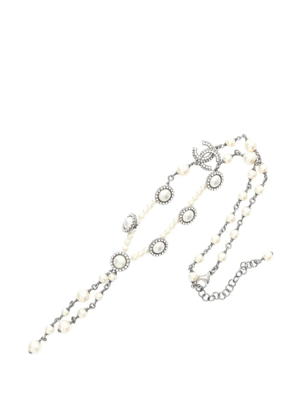 CHANEL Pre-Owned 2016 CC Stainless Steel Faux Pearl and Rhinestone Station Necklace costume necklace - Bianco