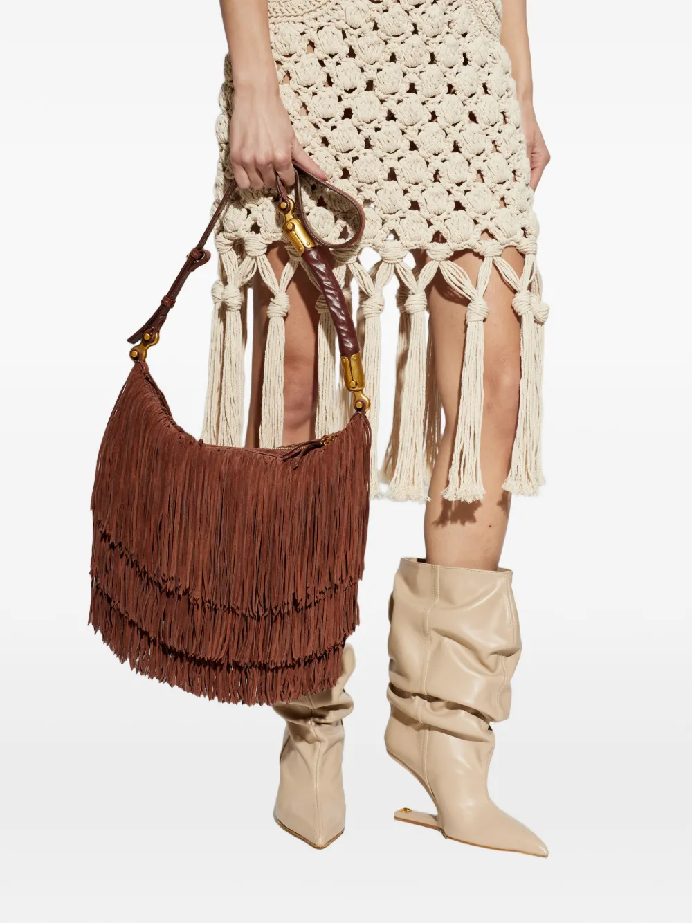 Balmain Ébène fringed leather shoulder bag - Marrone