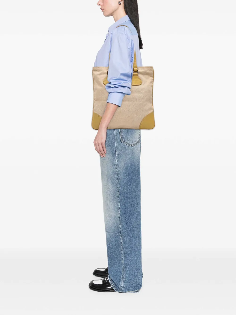 Prada Pre-owned 2013-2026 Vitello Trimmed Canvas Canapa Tote Bag in Yellow, view 2