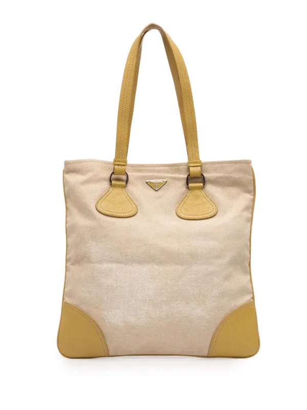 Prada Pre-owned 2013-2026 Vitello Trimmed Canvas Canapa Tote Bag in Yellow