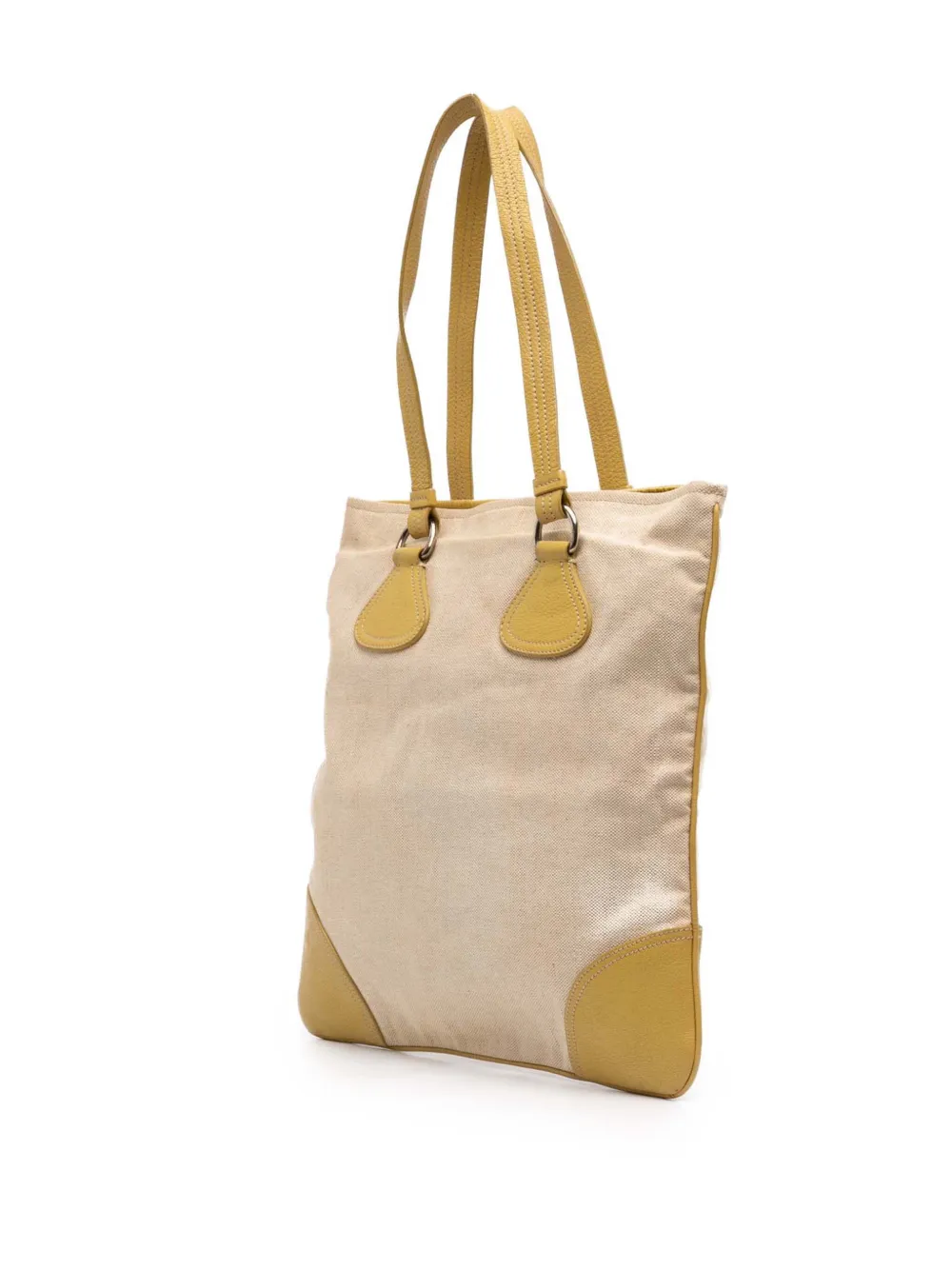 Prada Pre-owned 2013-2026 Vitello Trimmed Canvas Canapa Tote Bag in Yellow, view 3
