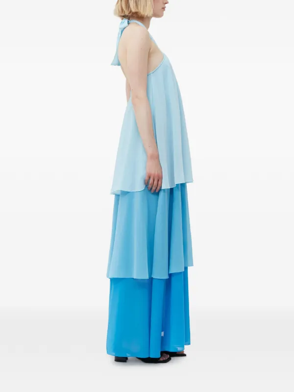 GANNI Ring Halterneck Tiered Midi Dress | Blue