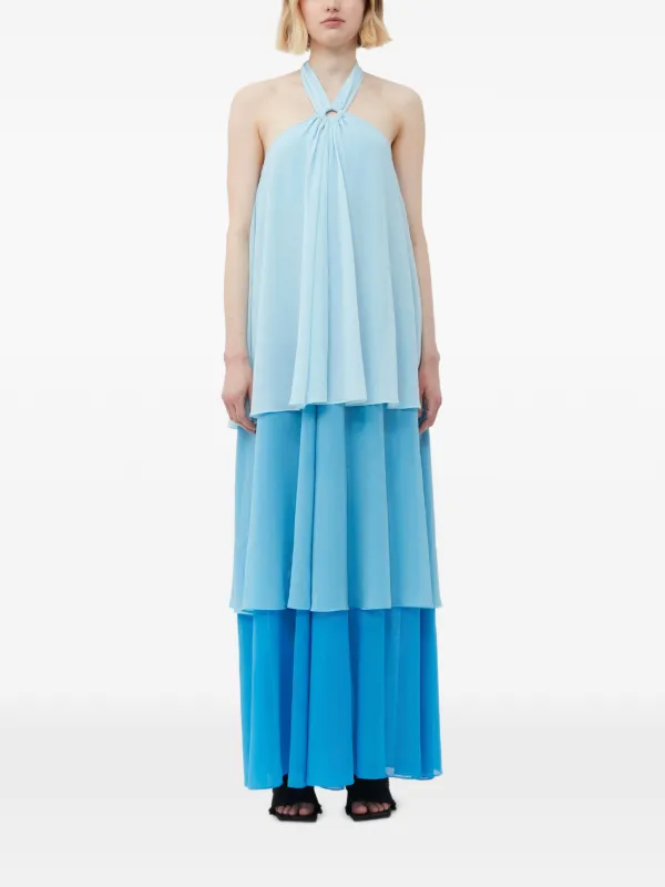 ganni blue tiered dress GANNI: Blue Marl Mesh Maxi Dress