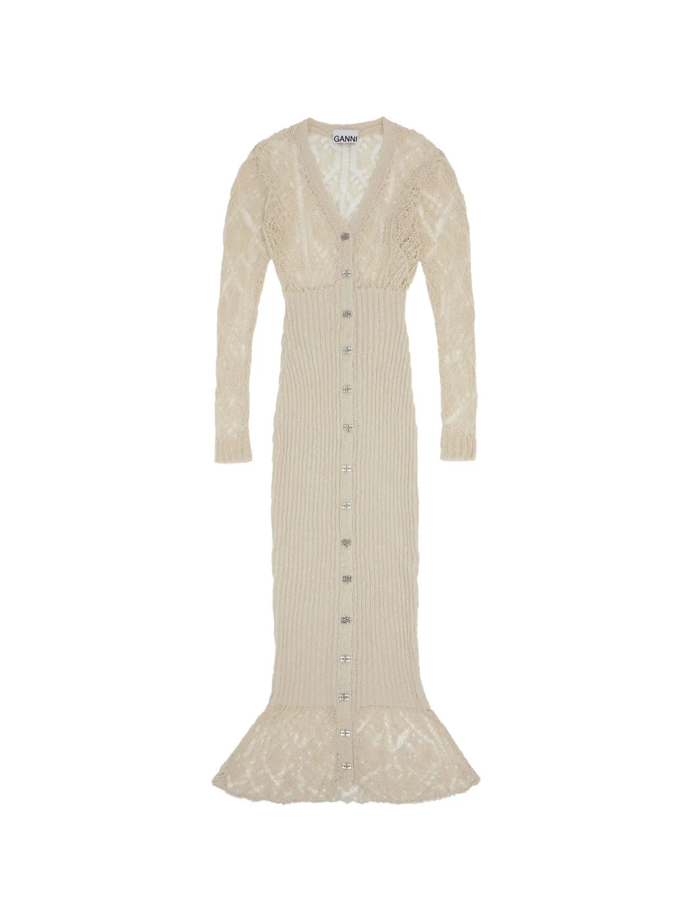 GANNI V-neck crochet midi dress - Neutrals