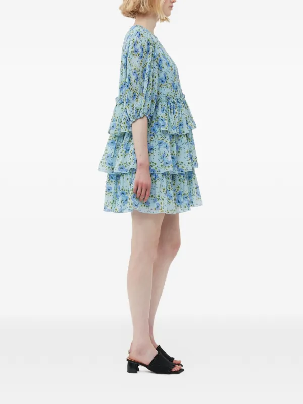 ganni blue tiered dress GANNI floral-print Layered Midi Dress | Blue
