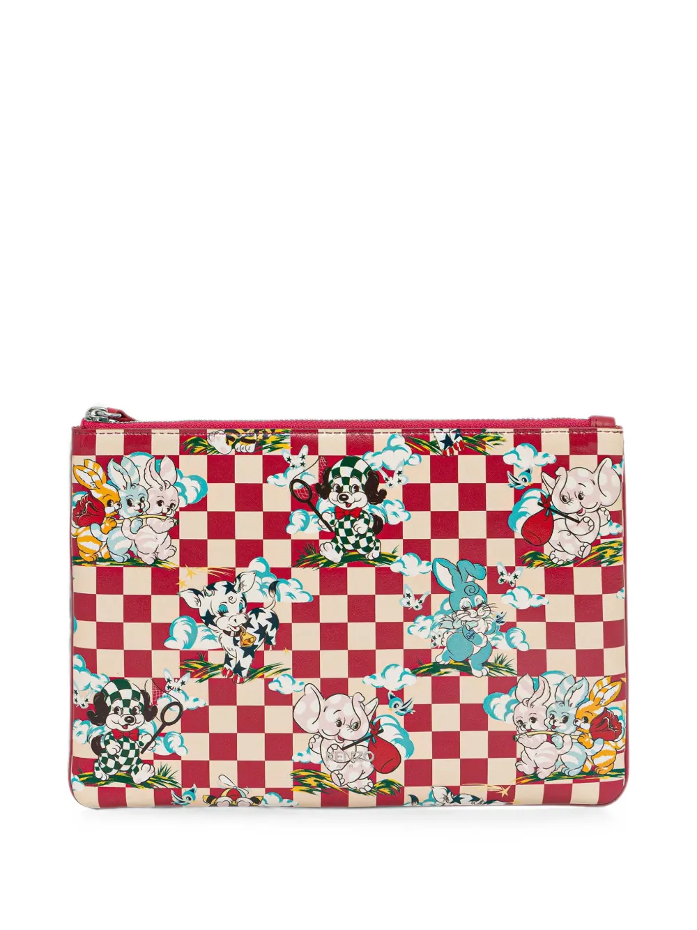 Kenzo Cartoon Check-pattern Animal-print Pouch In Red