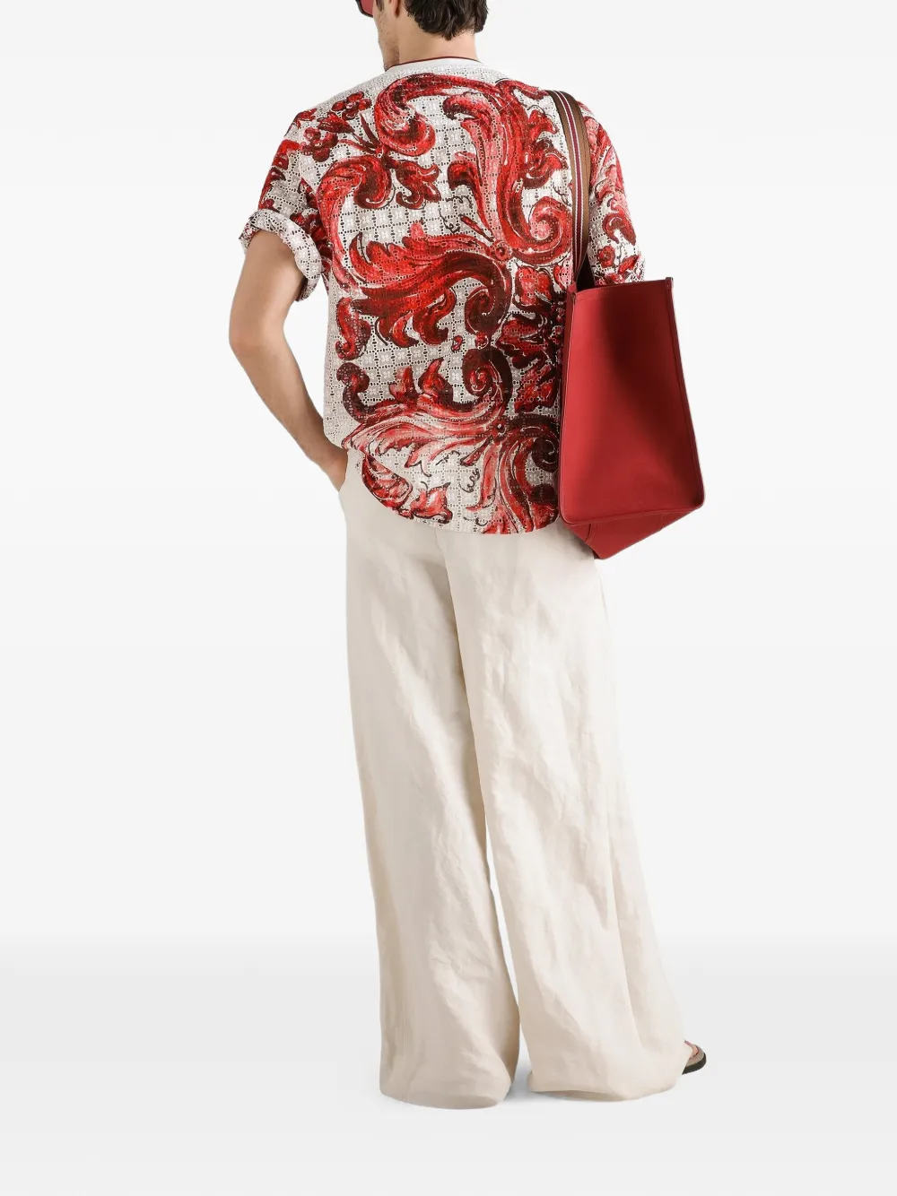 Dolce & Gabbana T-shirt met broderie anglaise kant en Majolica-print Rood