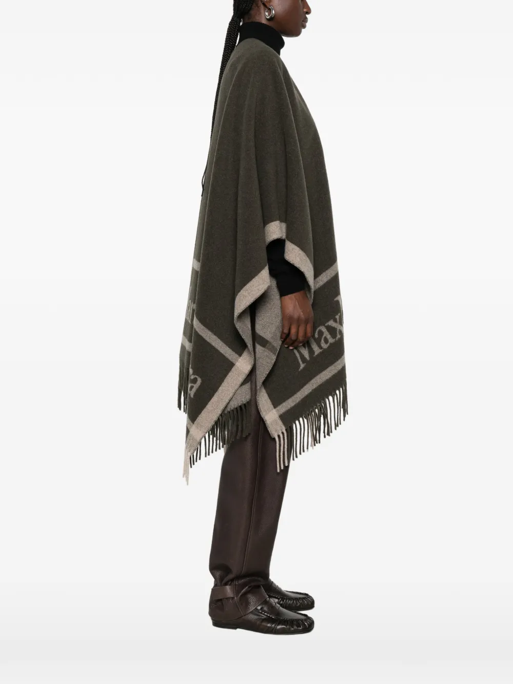 Max Mara Cape verfraaid met logo en franje Groen