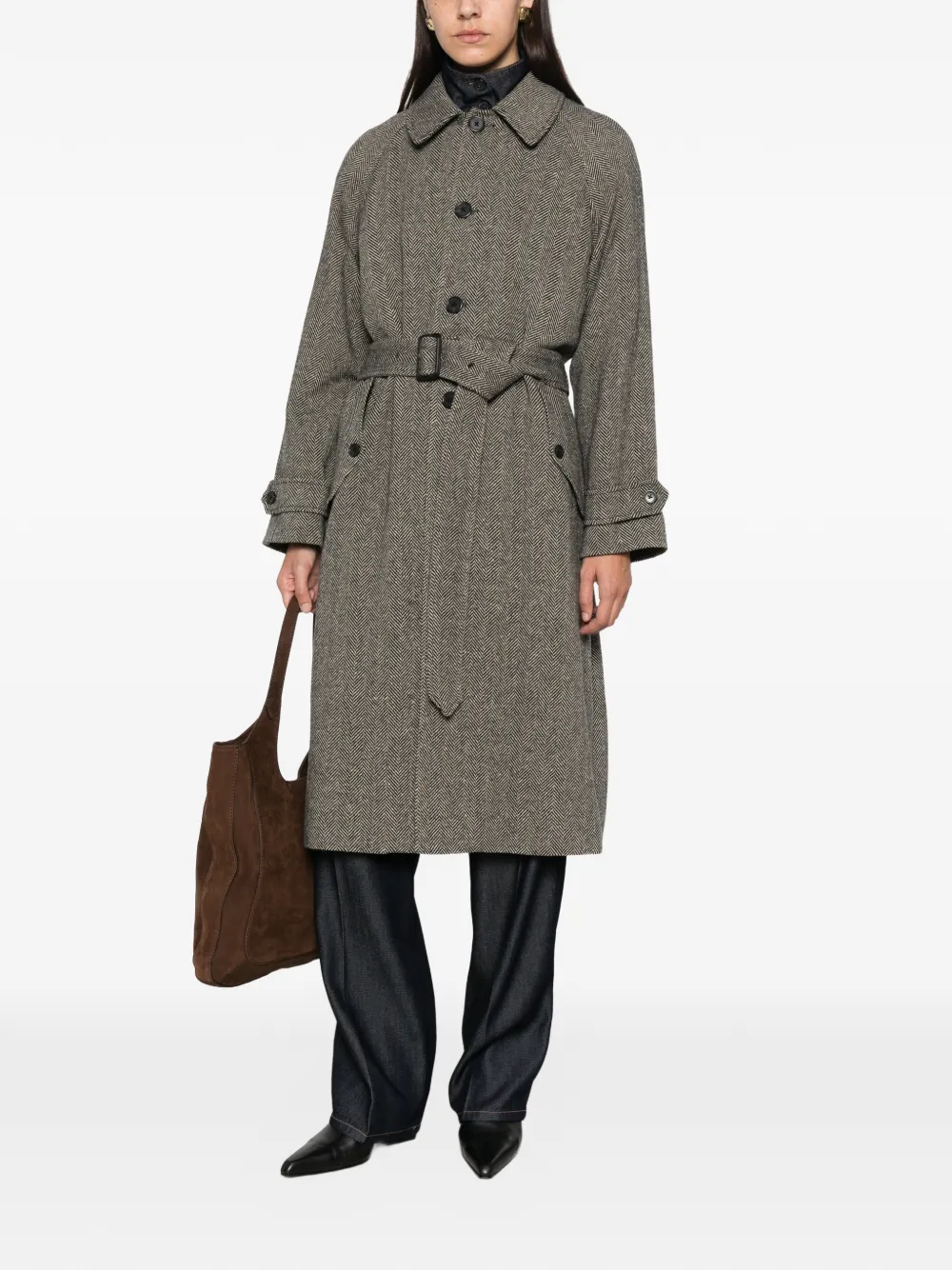 Polo Ralph Lauren Jas met visgraatpatroon en ceintuur Beige