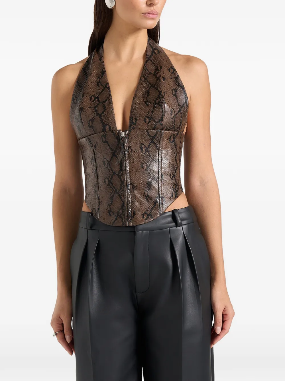 Manière De Voir Sloane python-print halterneck corset top - Marrone