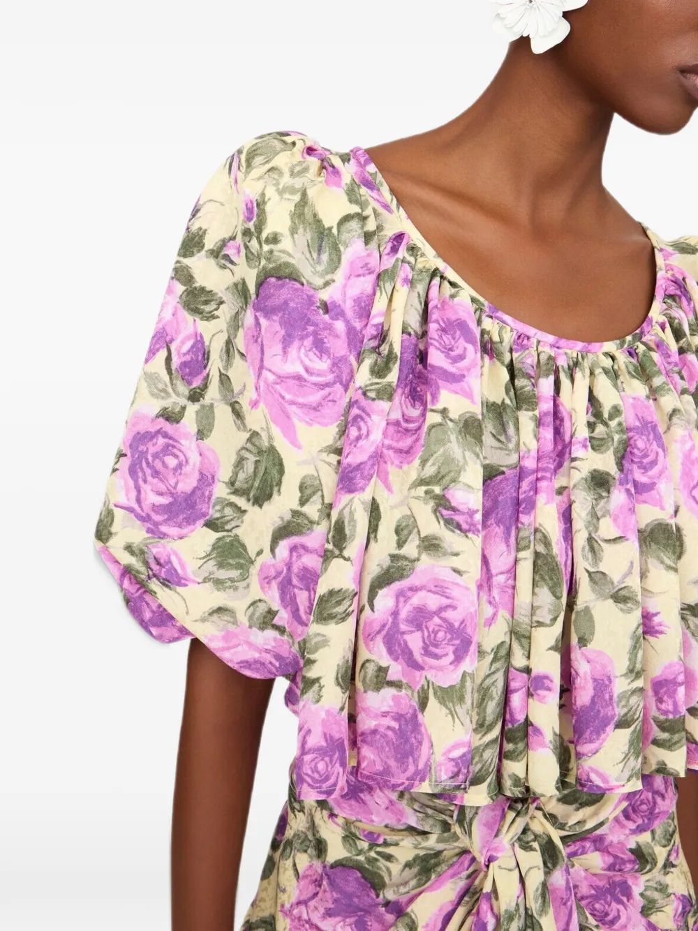 Chloé Cropped top met pofmouwen in zijden jacquard Paars