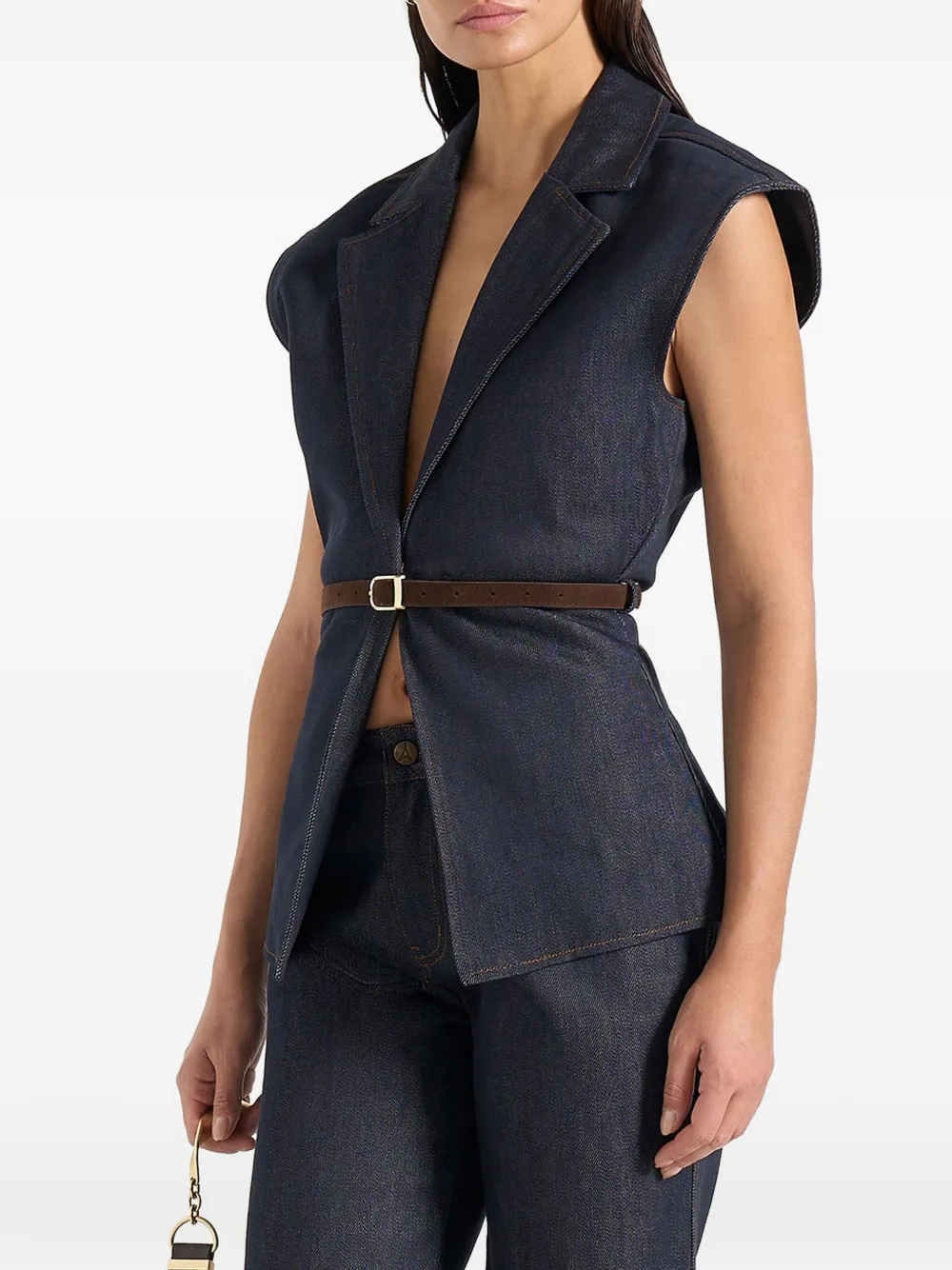 Manière De Voir Linda denim wide-shoulder belted waistcoat - Blu