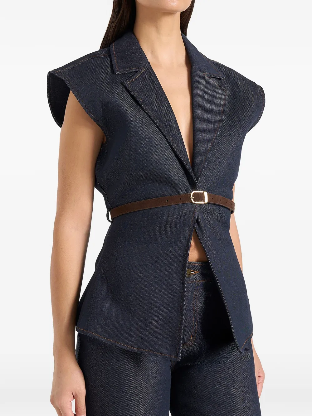 Manière De Voir Linda gesmockte denim gilet met brede schouders Blauw