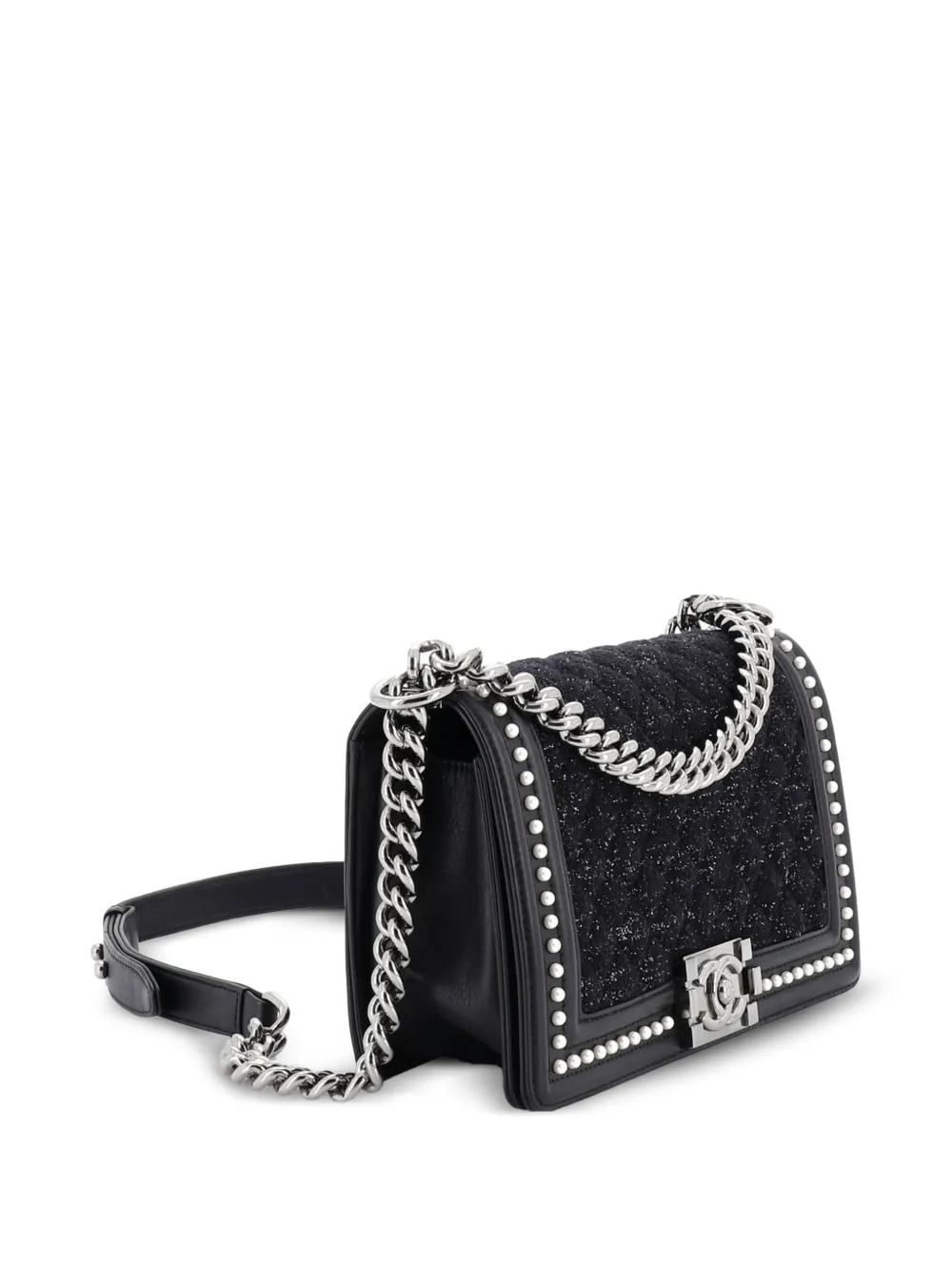 Chanel Pre-owned Boy Flap Bag Quilted Tweed With Pearl Embellished Calfskin Old Medium Shoulder Bag - Black 