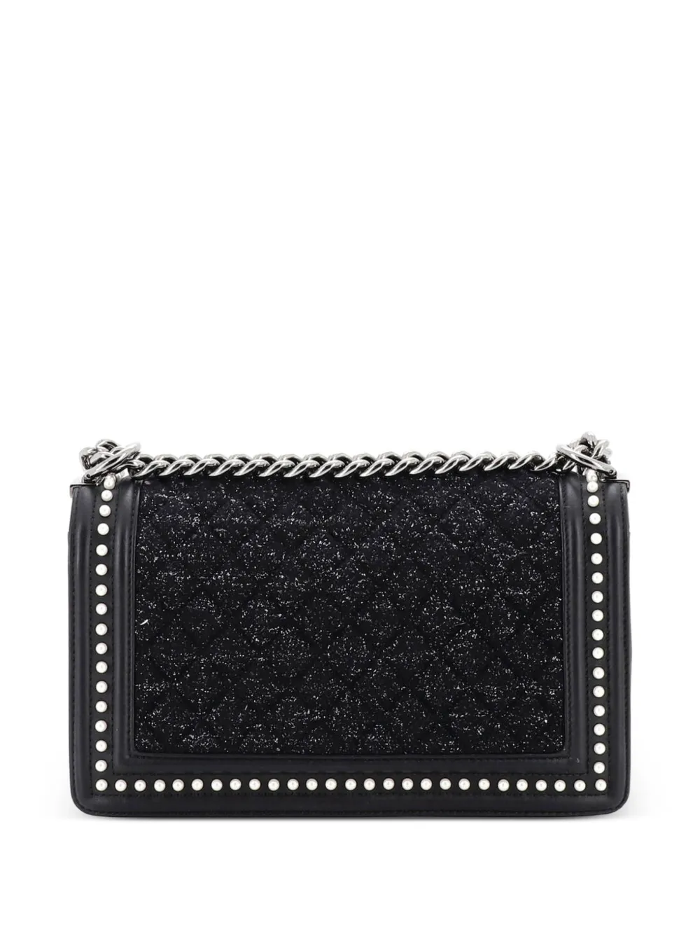  Chanel Pre-owned Boy Flap Bag Quilted Tweed With Pearl Embellished Calfskin Old Medium Shoulder Bag - Black 