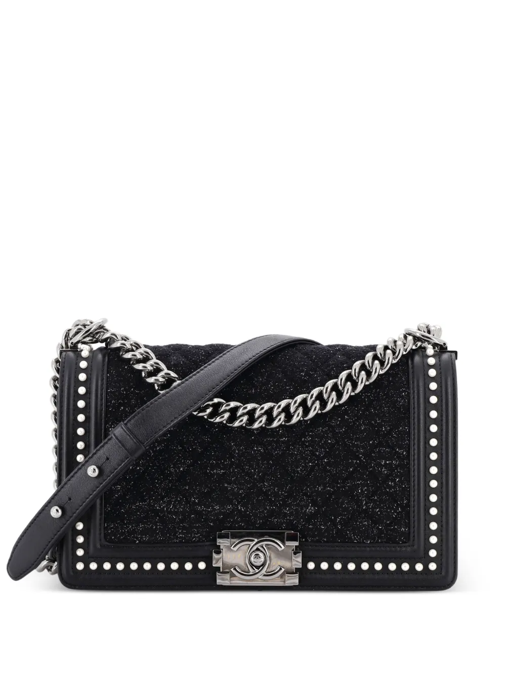 CHANEL Pre-Owned Boy Flap Bag Quilted Tweed with Pearl Embellished Calfskin Old Medium shoulder bag - Nero