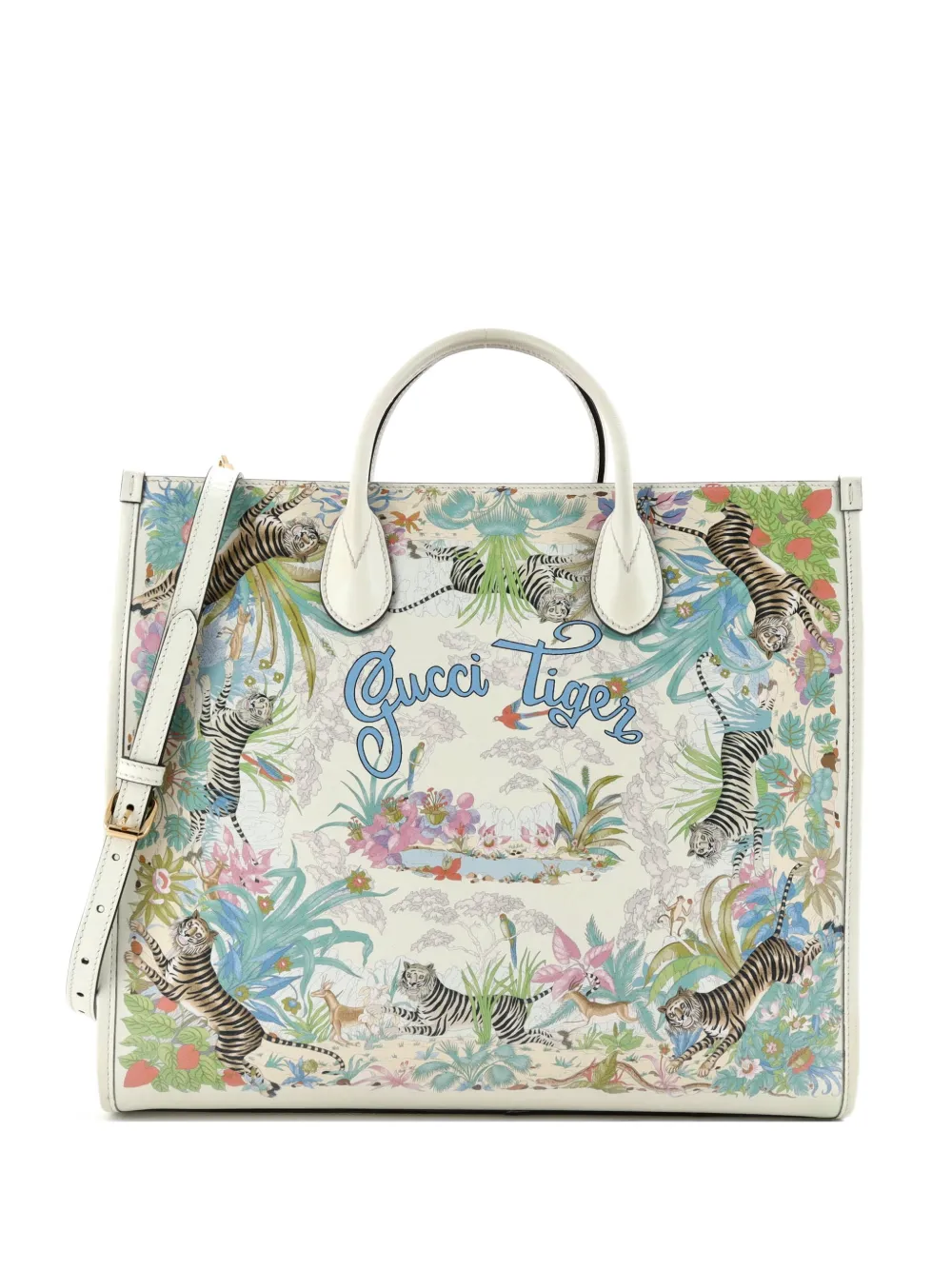 Gucci Pre-Owned Gucci Tiger Convertible Open Printed Leather Medium tote bag - Bianco