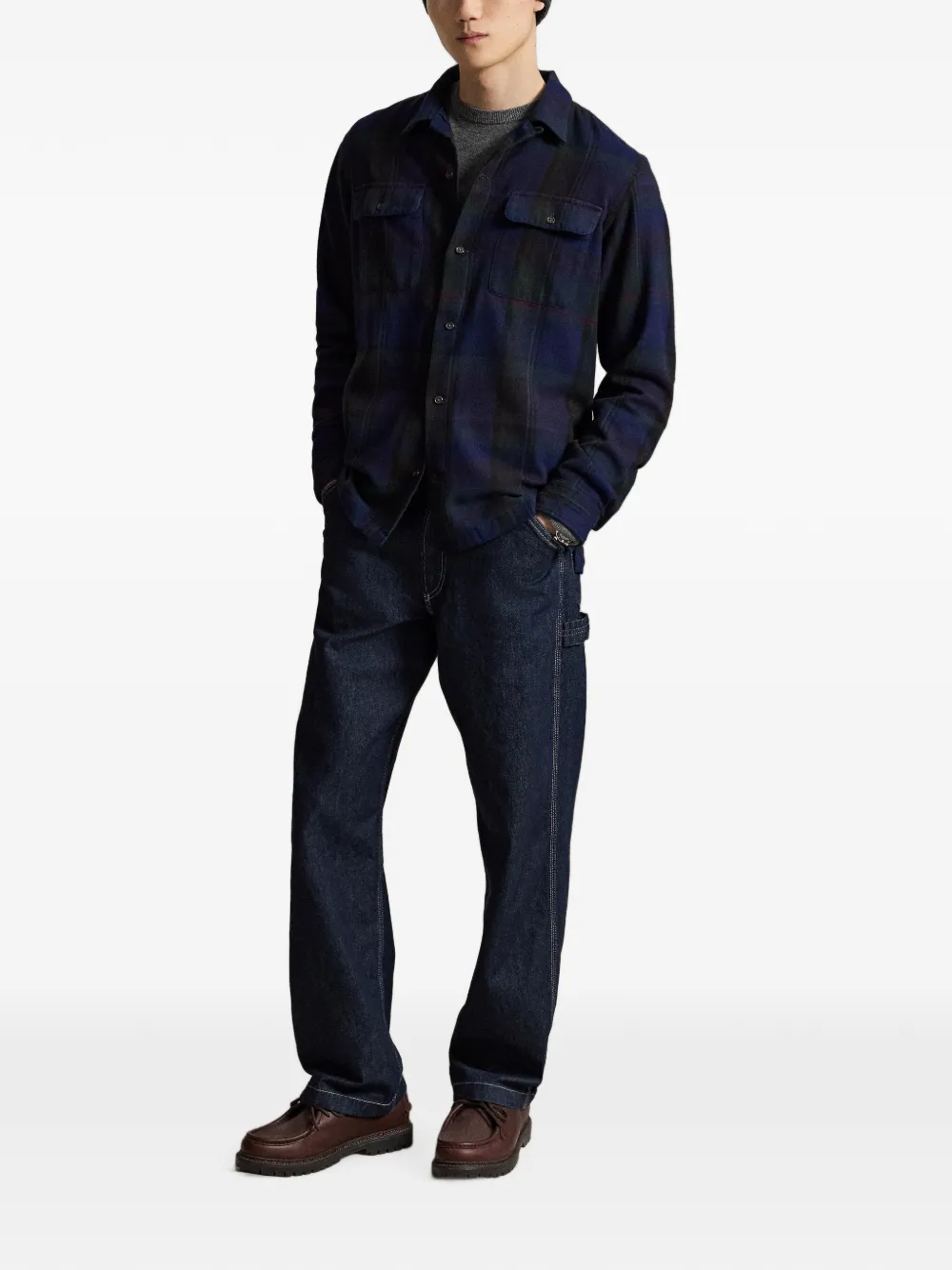 Polo Ralph Lauren Twill geruit overhemd met suède afwerking Blauw